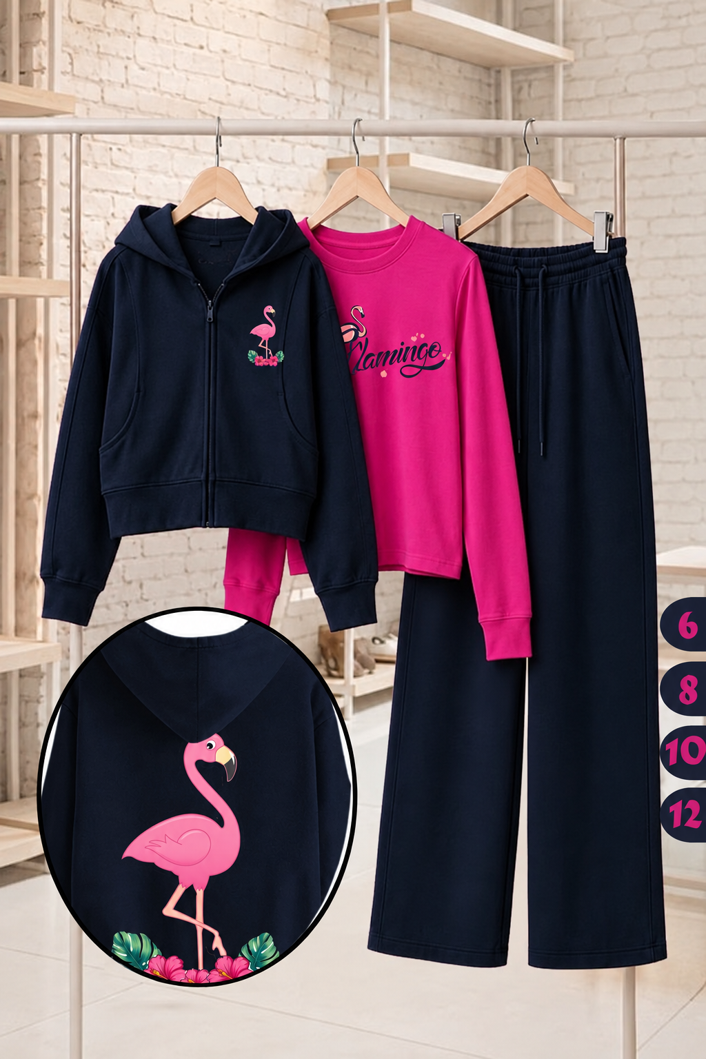 Girls' Flamingo 3-Piece Set – Navy Zip-Up Hoodie, Fuchsia Top & Wide-Leg Pants : LP1-005G