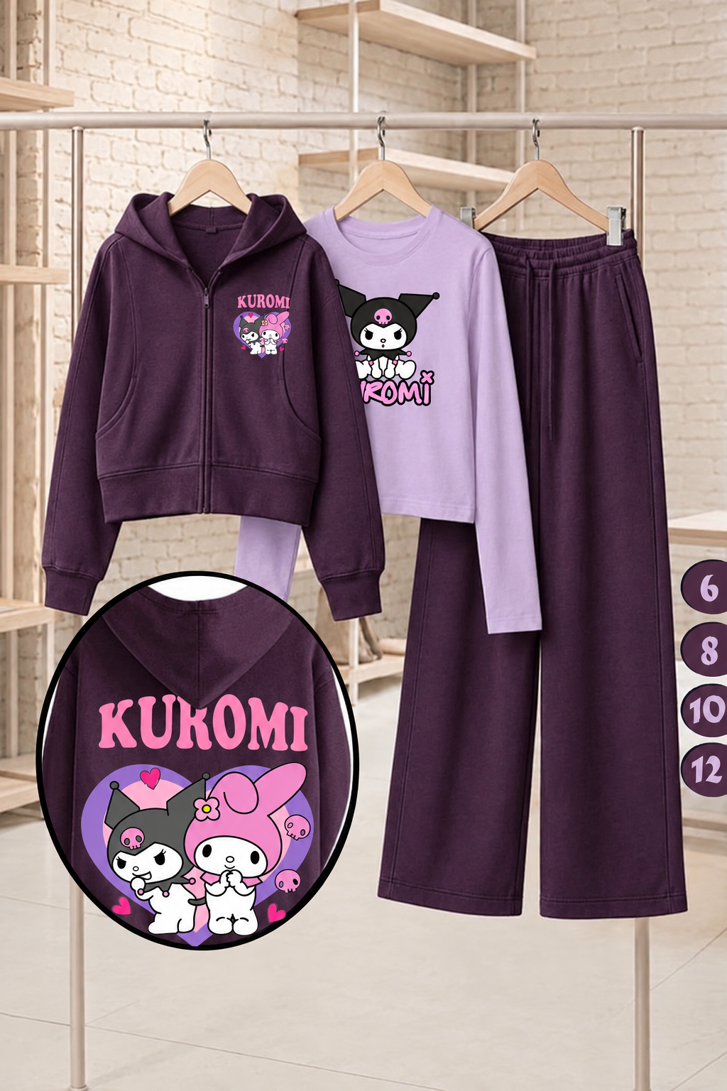Girls' Kuromi 3-Piece Set – Plum Zip-Up Hoodie, Lilac Top & Wide-Leg Pants : LP1-006G