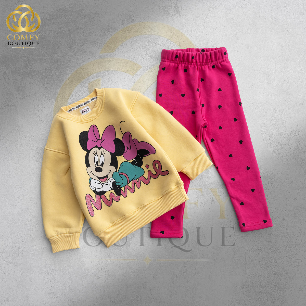 Girls' Minnie Mouse Yellow Fleece Sweatshirt & Heart Print Pants Set : VA5-004G