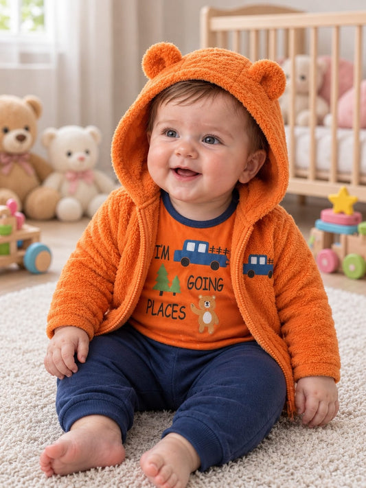 Boys’ Orange Truck Print Hooded 3-Piece Set : YM3-002