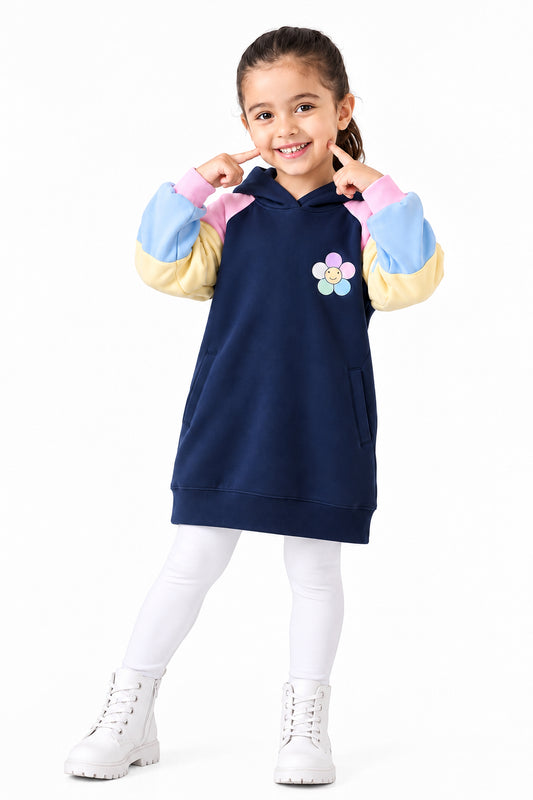 Girls’ Navy Color Block Flower Hoodie Dress : PK1-004G