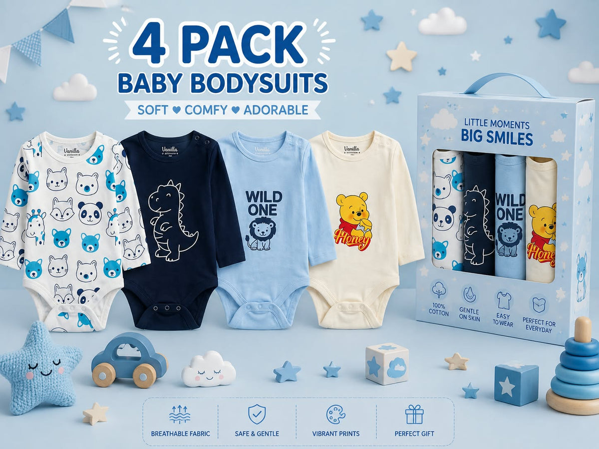 Baby 4-Piece Long Sleeve Bodysuits Set – Soft Cotton, Cute Prints : VA1-001