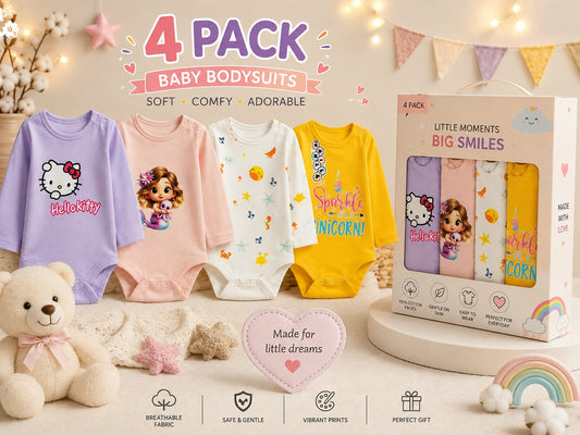 Baby 4-Piece Long Sleeve Bodysuits Set – Soft Cotton, Cute Prints : VA1-002