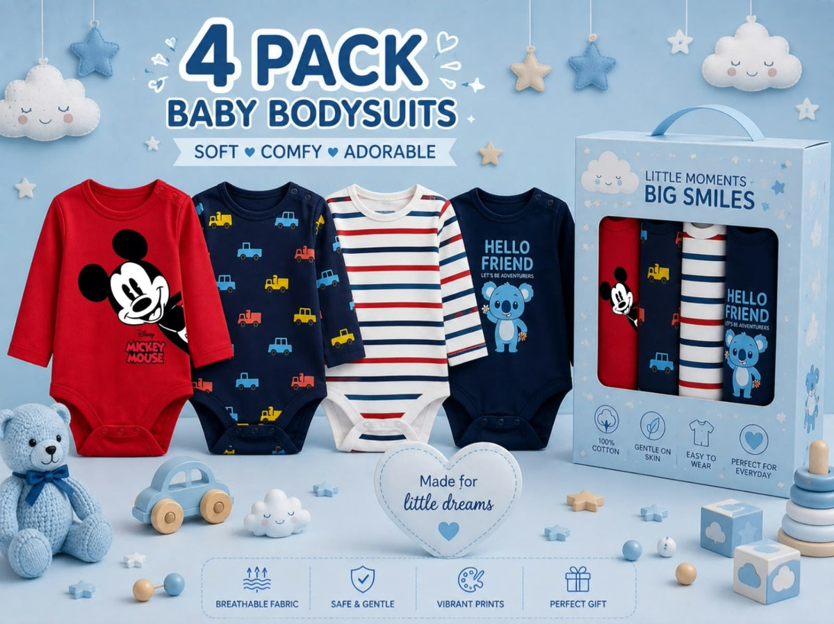 Baby 4-Piece Long Sleeve Bodysuits Set – Soft Cotton, Cute Prints : VA1-004