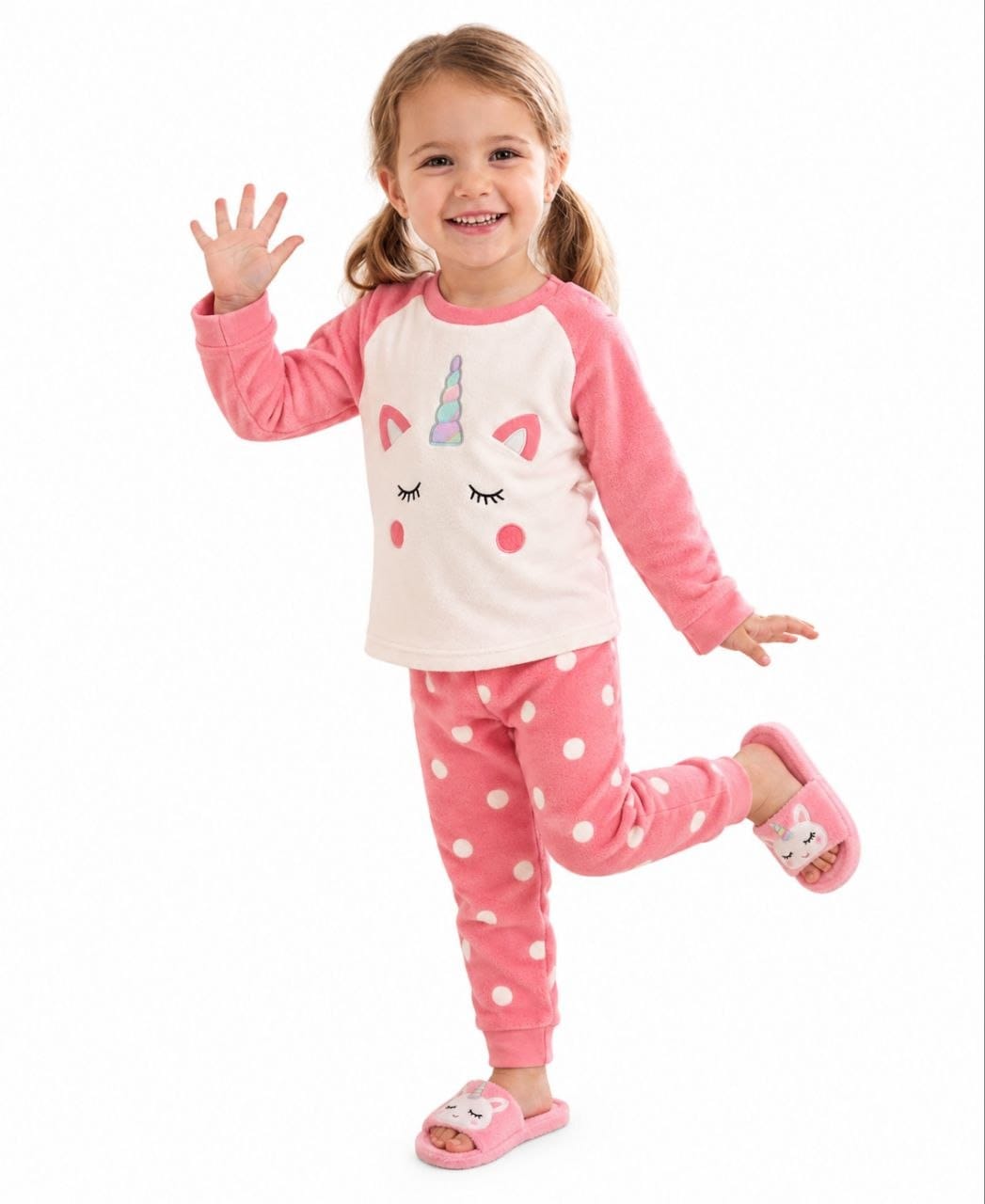 Girls' Pink Polka Dot Unicorn Pajama Set with Matching Slippers : NT1-001G