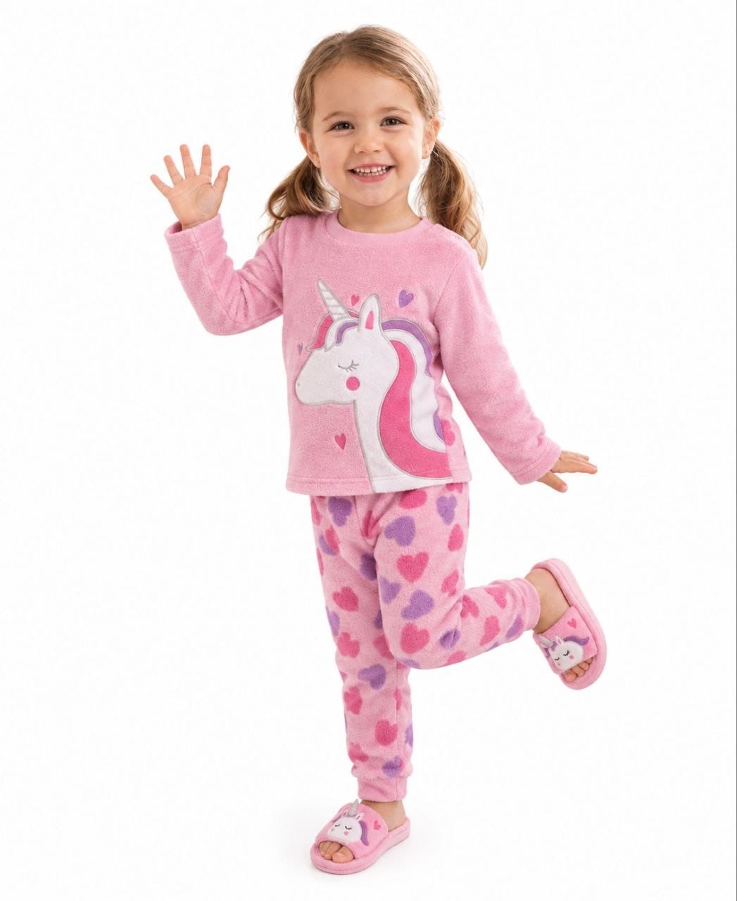 Girls' Pink Unicorn Pajama Set with Heart Print and Matching Slippers: NT1-002G