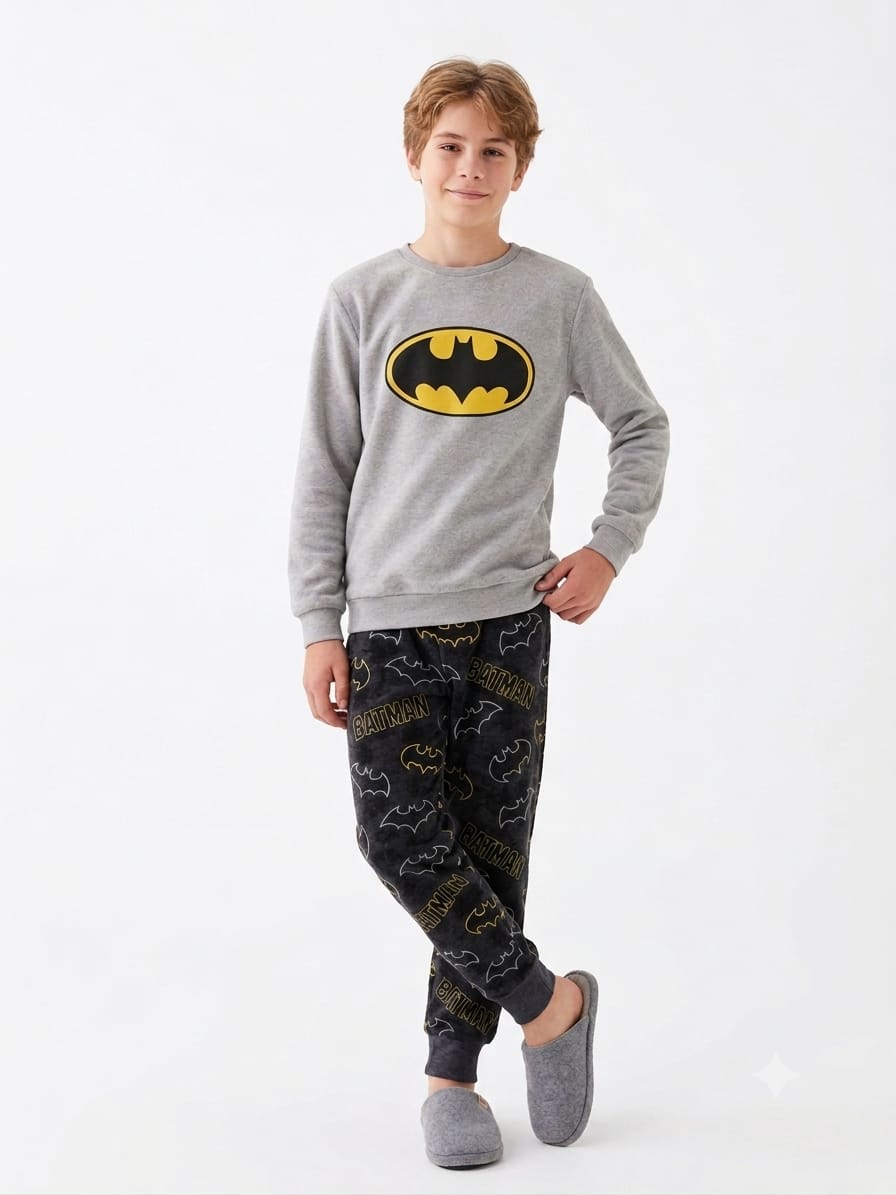 Batman Boys' Fleece Pyjama Set – Grey & Black Lounge Top & Trousers : BN1-003B