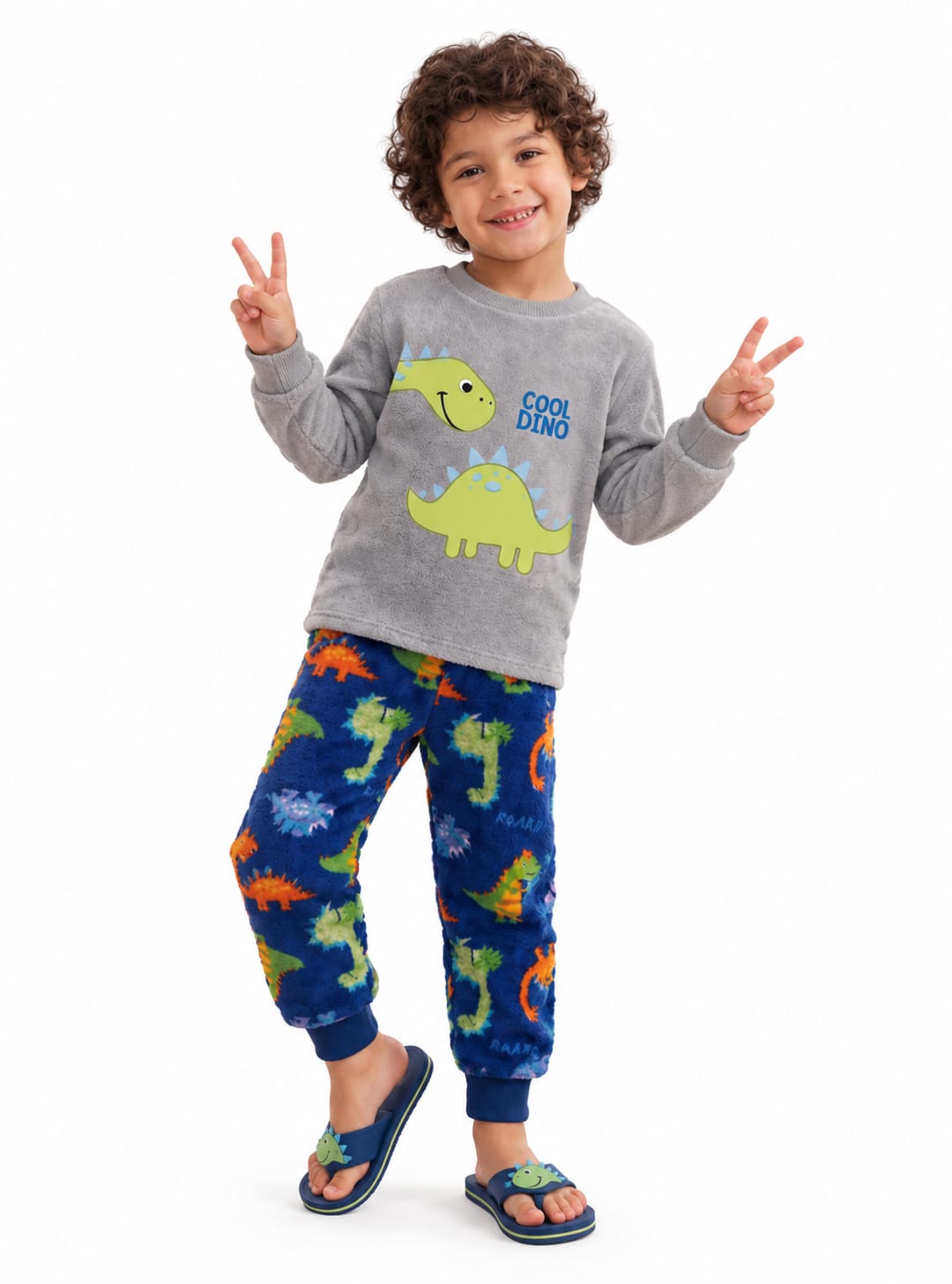 Boys’ Dinosaur Cozy Pajama Set – Gray & Navy Blue Polar Fleece : BN2-001B
