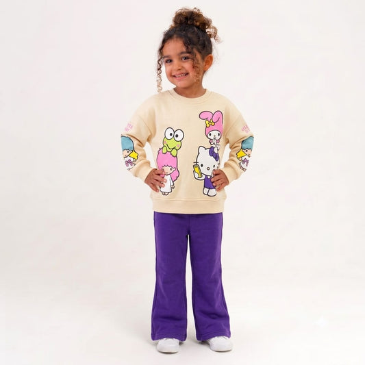 Girls 2-Piece Cartoon Sweatshirt & Purple Wide-Leg Pants Set