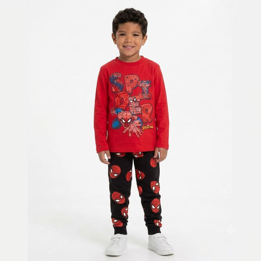 Boys Spider-Man Printed Long Sleeve Cotton Pajama Set – Red & Black