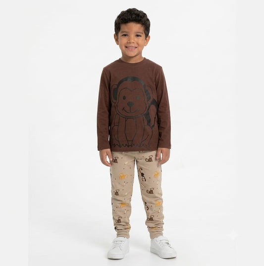 Boys Cute Monkey Printed Long Sleeve Cotton Pajama Set – Brown & Beige
