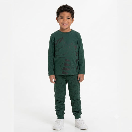 Boys Crocodile Printed Long Sleeve Cotton Pajama Set – Dark Green