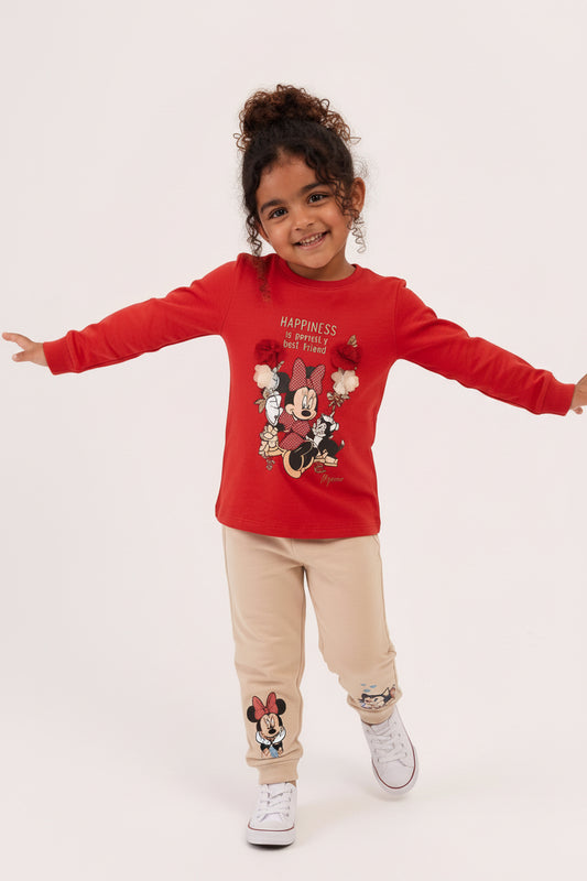 Girls’ Red Cartoon Print Long Sleeve Top & Beige Jogger Pants Set