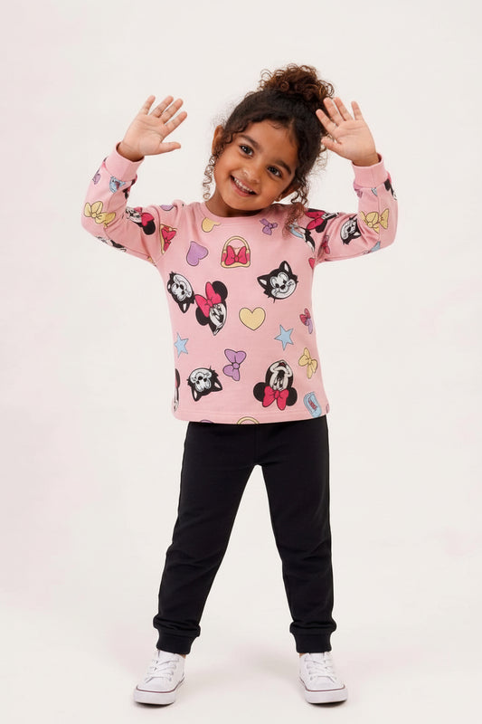 Girls' Pink Cartoon Print Long Sleeve Top & Black Jogger Pants Set