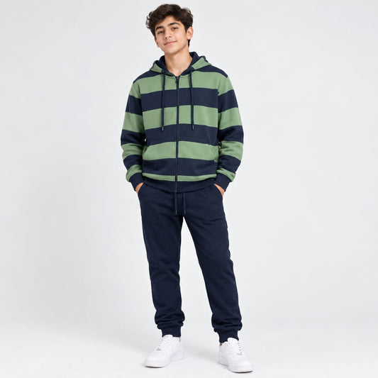 Teens/Boys 2-Piece Green & Navy Striped Full-Zip Hoodie with Navy Sweatpants Set