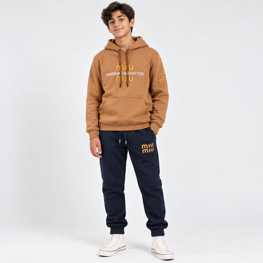Boys 2-Piece Camel/Tan "miu miu" Graphic Pullover Hoodie & Navy Sweatpants Set