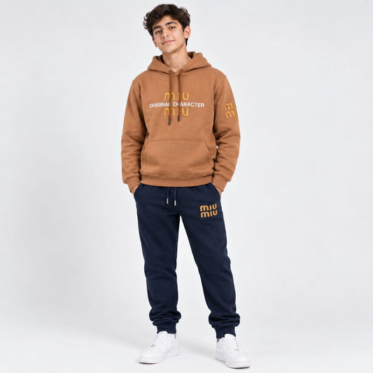Teens/Boys 2-Piece Camel/Tan "miu miu" Graphic Pullover Hoodie & Navy Sweatpants Set