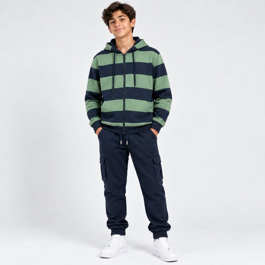 Boys 2-Piece Green & Navy Striped Full-Zip Hoodie with Navy Cargo Sweatpants Set