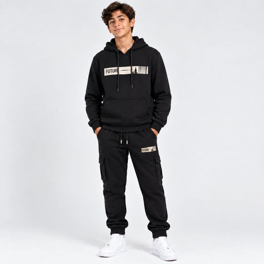 Boys 2-Piece Black "FUTURE" Graphic Pullover Hoodie & Matching Sweatpants Set