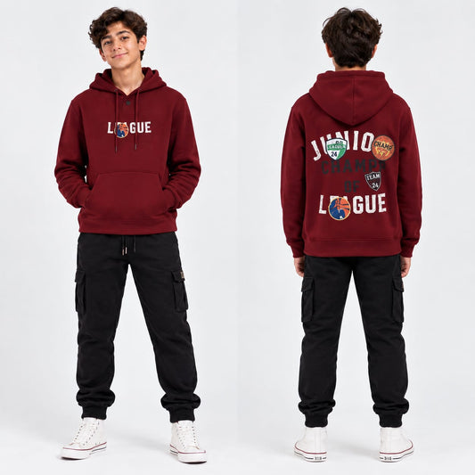Boys 2-Piece Maroon "Junior League" Graphic Hoodie & Black Cargo Pants Set