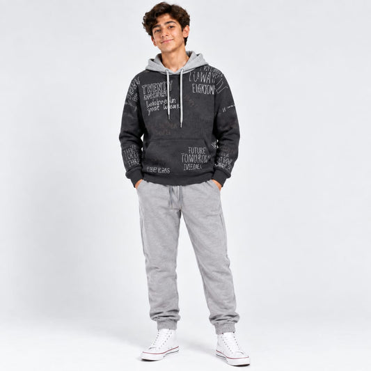 Boys 2-Piece Dark Grey Graphic Hoodie & Light Grey Track Pants Set