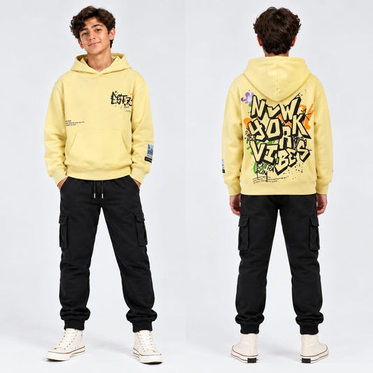Boys 2-Piece New York Vibes Winter Set – Yellow Hoodie & Black Joggers