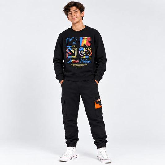 Boys' Black Graphic Tracksuit Set – 2-Piece Sweatshirt & Cargo Pants