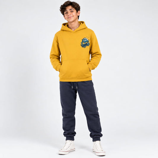 Boys Yellow Graphic Hoodie & Dark Gray Sweatpants Set