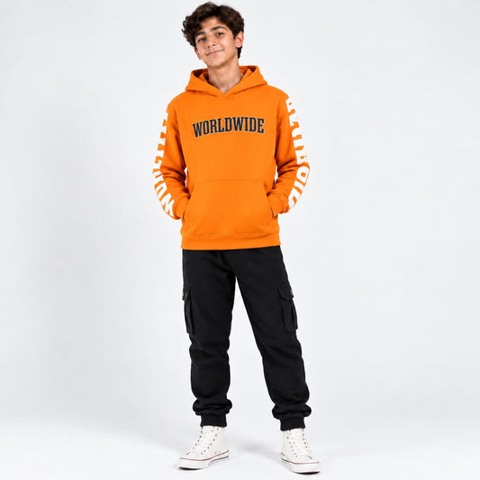 Boys Orange "Worldwide" Hoodie & Black Cargo Pants Outfit Set
