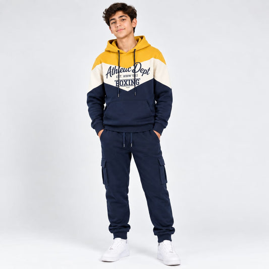 Boys Yellow & Navy Colorblock "Athletic Dept" Hoodie & Pants Set