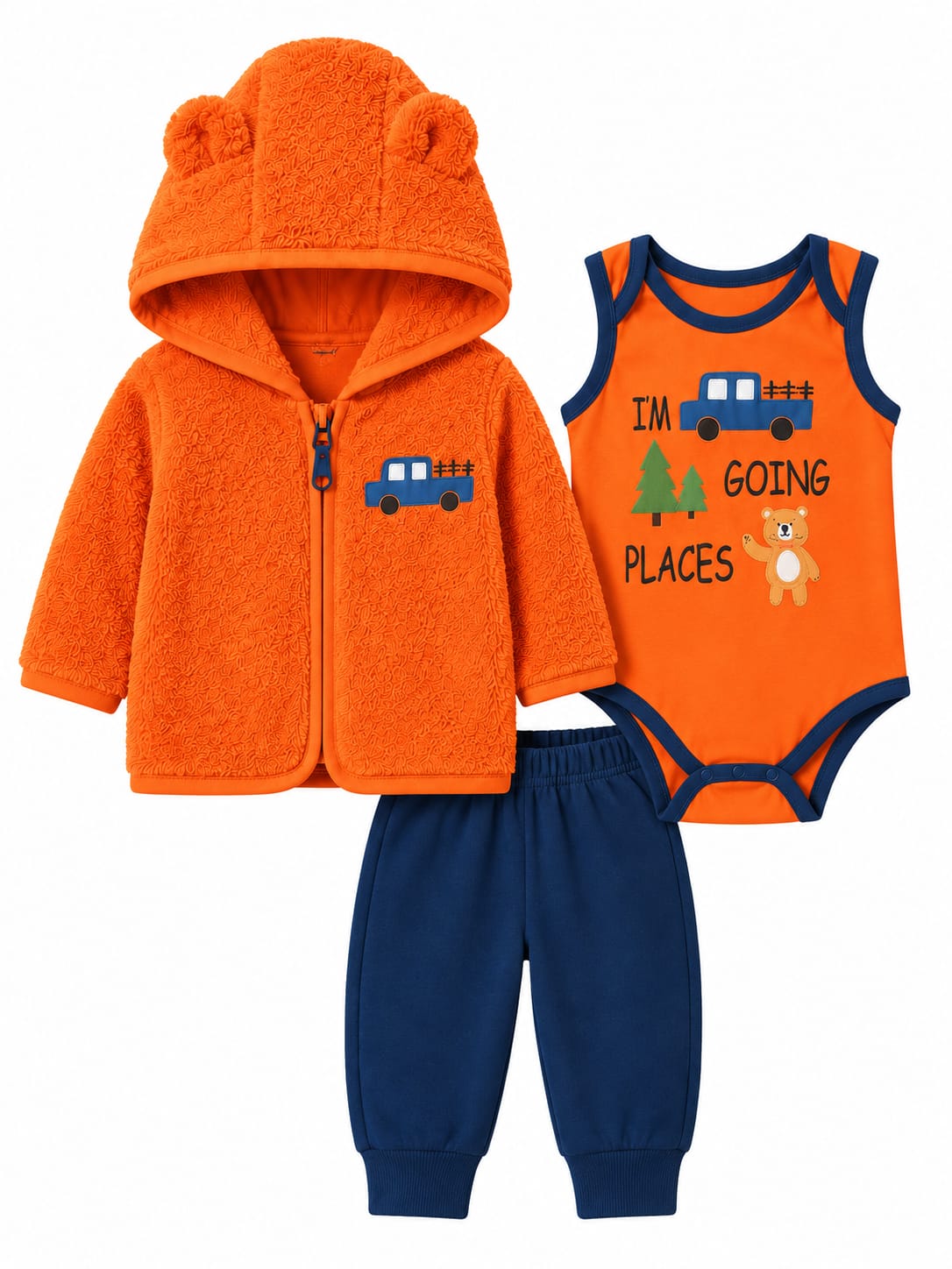 Boys’ Orange Truck Print Hooded 3-Piece Set : YM3-002