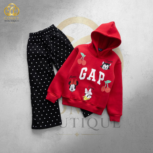 Kids Red Graphic Hoodie & Polka Dot Pants Set