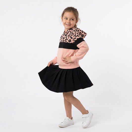 Girls 2-Piece Set – Pink Leopard Hooded Sweatshirt & Black Pleated Skirt