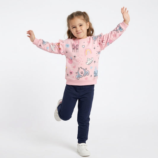 Girls 2-Piece Outfit – Pink Castle & Princess Printed Sweatshirt with Navy Leggings