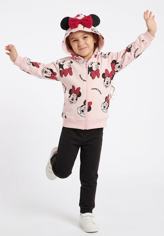 Girls 2-Piece Minnie Mouse Outfit – Pink Zip-Up Hoodie & Black Leggings Set