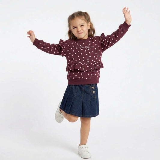 Girls 2-Piece Burgundy "Thankful" Polka Dot Sweatshirt & Pleated Denim Skirt Set