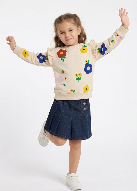 Girls 2-Piece Off-White Floral Sweatshirt & Pleated Denim Skirt Set