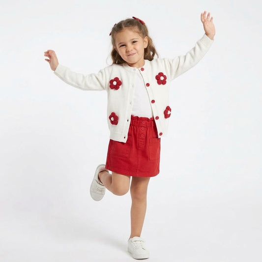 Girls 2-Piece Off-White Floral Knit Cardigan & Red Skirt Set