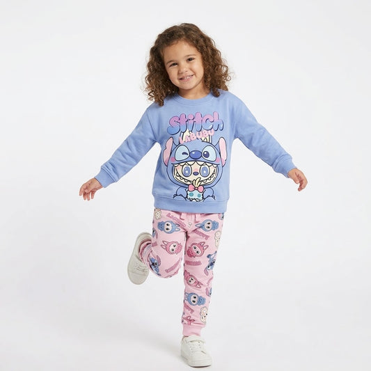 Kids 2-Piece 100% Cotton Stitch & Labubu Sweatshirt & Pink Joggers Set
