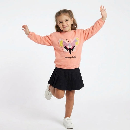Girls 2-Piece Butterfly Embroidered Peach Sweatshirt & Black Pleated Skirt Set