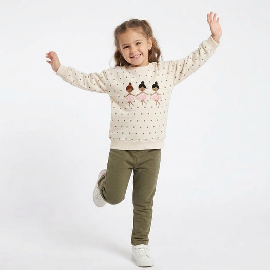 Girls 2-Piece Ballerina Embroidered Polka Dot Sweatshirt & Olive Pants Set