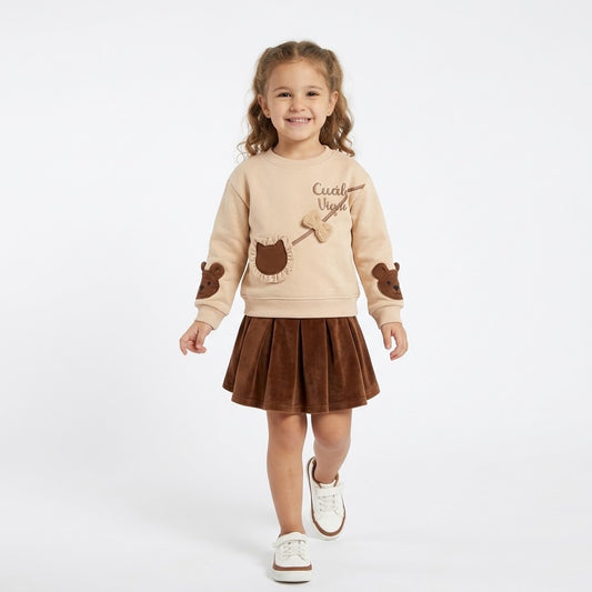 Girls Beige Bow & Bag Graphic Top with Brown Pleated Skirt Outfit