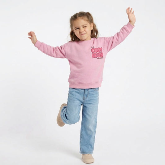 Girls 2-Piece Pink "Cosy Club" Sweatshirt & Light Wash Denim Jeans Set