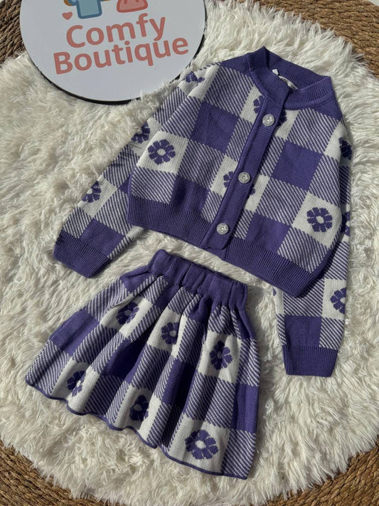 Girls 2-Piece Purple Floral Plaid Knitwear Set – Cardigan & Pleated Skirt