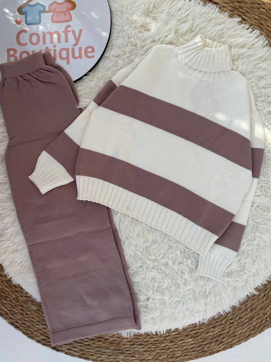 Girls' Cozy Striped Knit 2-Piece Set – Sweater & Wide-Leg Pants
