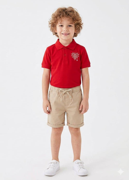 Boys Red Polo Shirt & Khaki Shorts Set – KZ015B - Soft Cotton Summer Outfit with Spider Web Embroidery – Smart Casual Kids Clothing – KZ015B