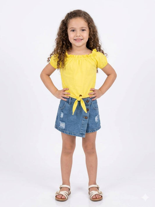 Girls Yellow Off-Shoulder Tie Front Top & Distressed Denim Skort Set KZ012G – Casual Summer Outfit – Stylish Kids Clothing – KZ012G