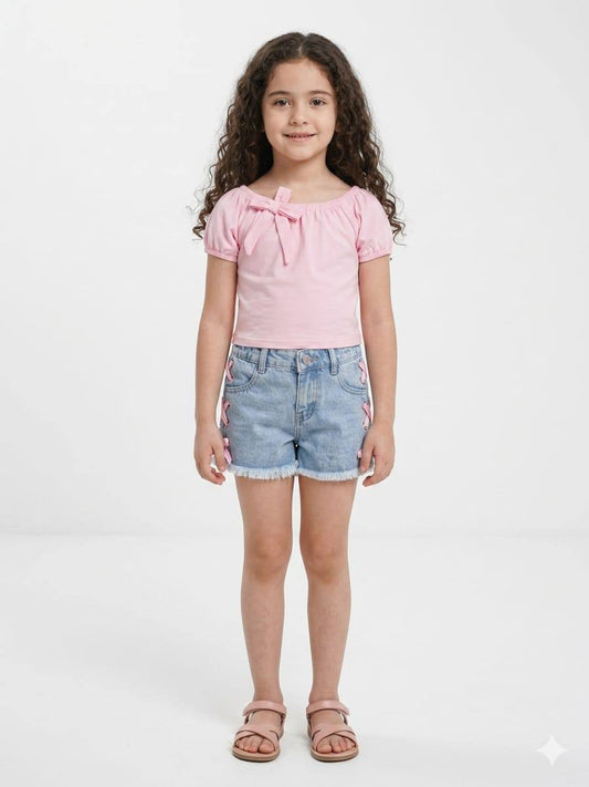 Girls Pink Bow Neck Top & Frayed Denim Shorts Set - KZ011G – Casual Summer Outfit – Stylish Kids Clothing –  KZ011G