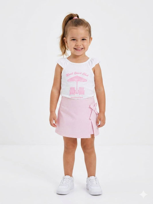 Girls White Beach Print Top & Pink Skirt Set | Soft Summer Outfit Set G503-6A
