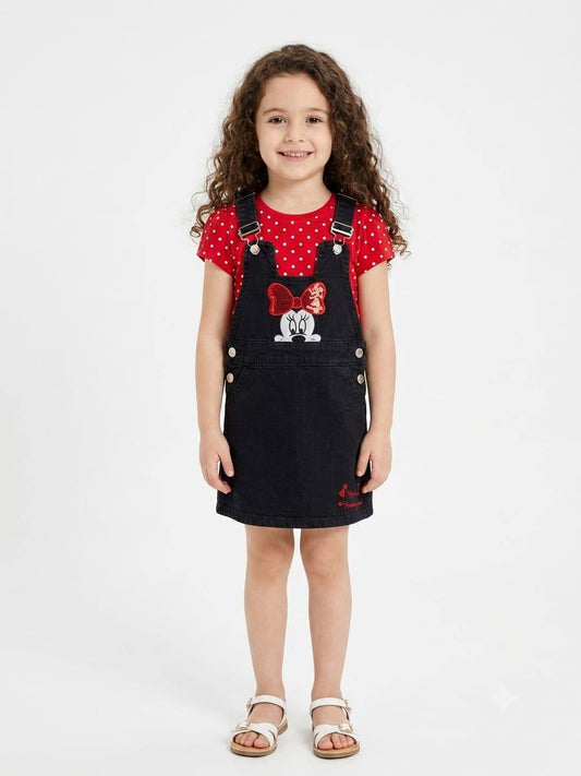 Girls Black Denim Pinafore Dress with Red Polka Dot T-Shirt Set | Cute Casual Outfit for Kids KB031G